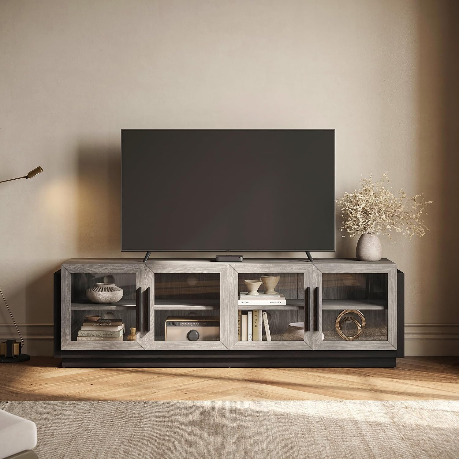 BELLEZE 70' TV Stand for TVs up to 75', Modern TV Cabinet & Entertainment Center with Shelves, Wood Storage Cabinet for Living Room or Bedroom - Brixston (Grey)
