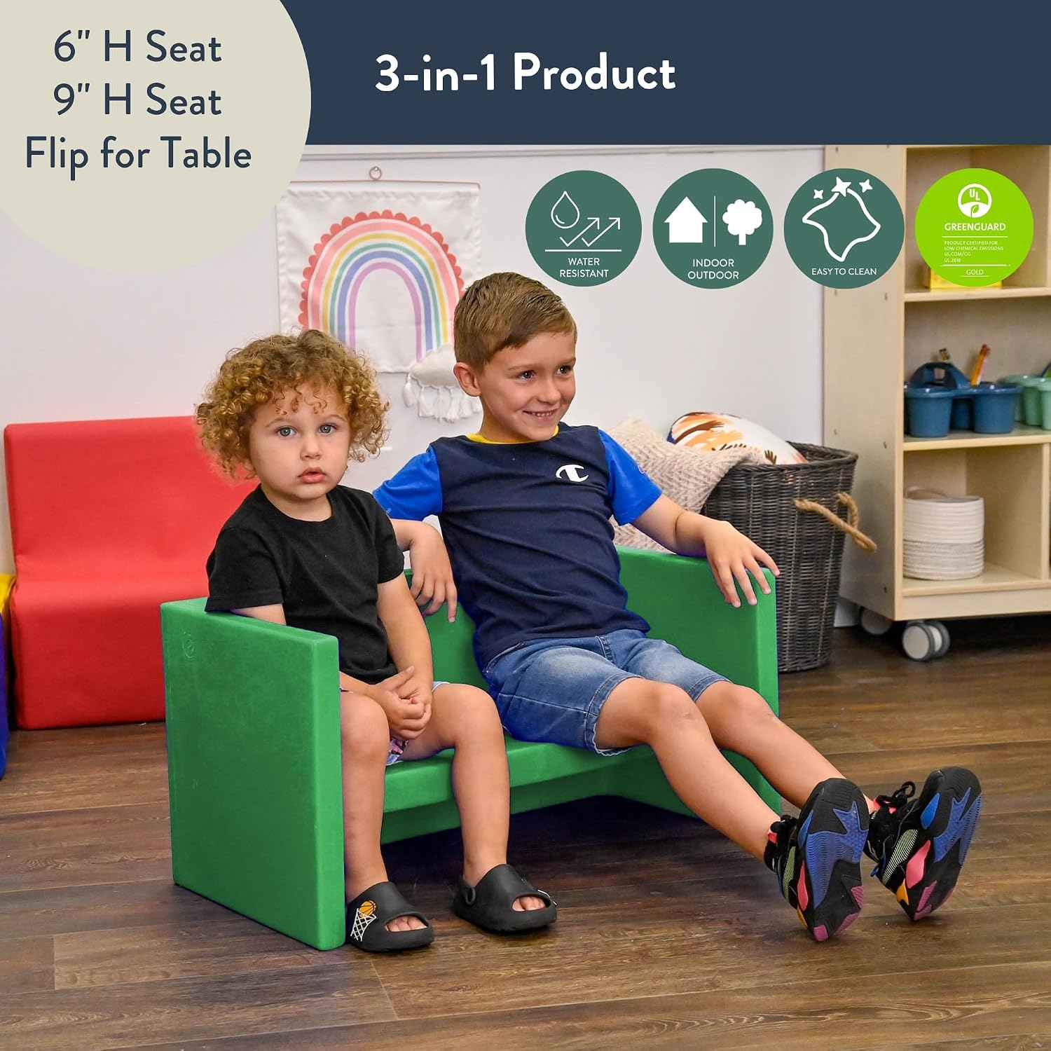 Children's Factory Adapta-Bench, CF910-031, Green, Kids Flexible Seating, Classroom, Preschool and Daycare Furniture, Indoor or Outdoor Toddler Chairs