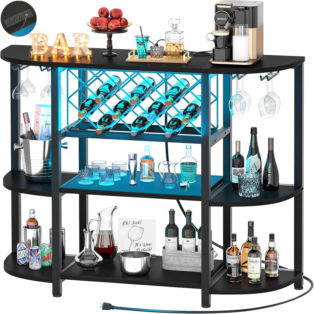Unikito 4-Tier Metal Coffee Bar Cabinet with Outlet and LED Light, Freestanding Floor Bar Table for Liquor with Glass Holder and Wine Storage, Wine Table Bakers' Rack for Kitchen Dining Room, Black