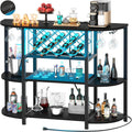 Unikito 4-Tier Metal Coffee Bar Cabinet with Outlet and LED Light, Freestanding Floor Bar Table for Liquor with Glass Holder and Wine Storage, Wine Table Bakers' Rack for Kitchen Dining Room, Black