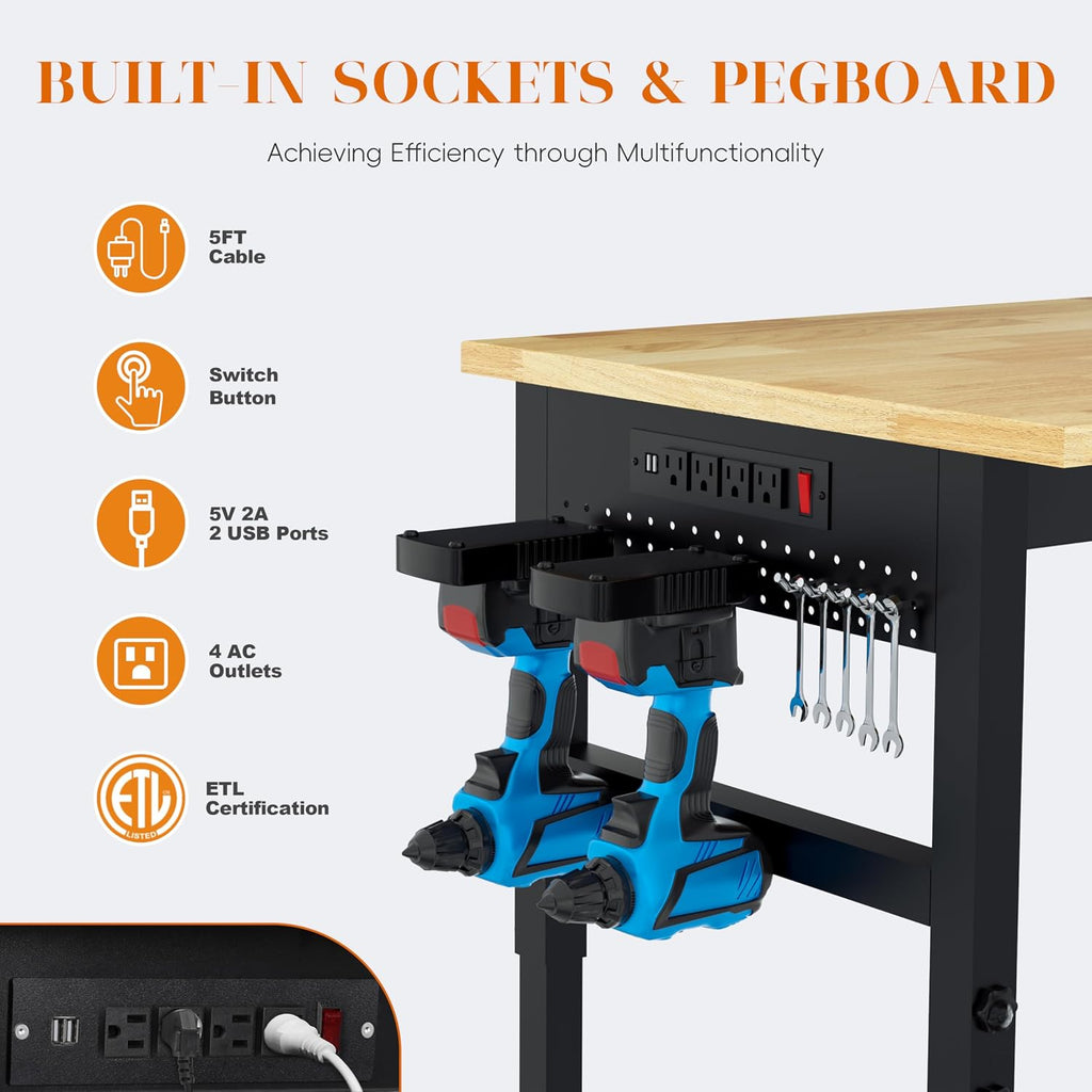 Betterhood 48' Heavy Duty Adjustable Workbench with Large Pegboard, Adjustable Work Table with Power Outlets & Lockable Wheels, Rubber Wood Workstation for Garage, Workshop, Office, Home, Commercial