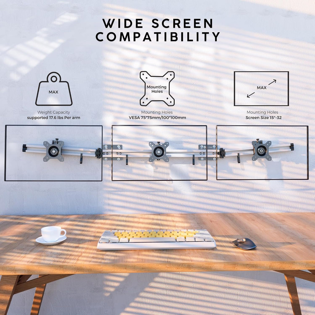 X-ROB Triple Monitor Wall Mount – Premium Aluminum 3 Arm Bracket for 15–32 Inch Screens, Dual Wall Anchors for Maximum Stability, Full Motion with 360° Rotation, VESA 75x75/100x100, Cable Management