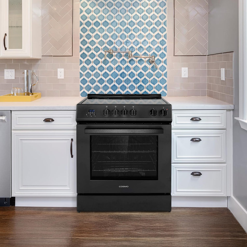 COSMO COS-ERD304K-BK 30 in. Stellar Collection 4.9 cu. ft. Electric Range with 4 Burner Glass Cooktop and Convection Oven in Matte Black
