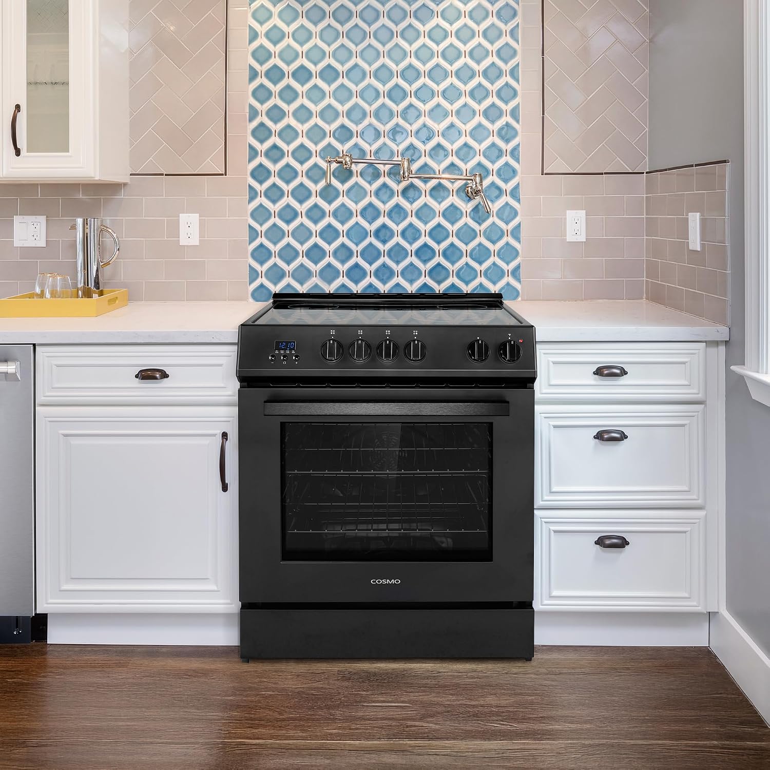 COSMO COS-ERD304K-BK 30 in. Stellar Collection 4.9 cu. ft. Electric Range with 4 Burner Glass Cooktop and Convection Oven in Matte Black