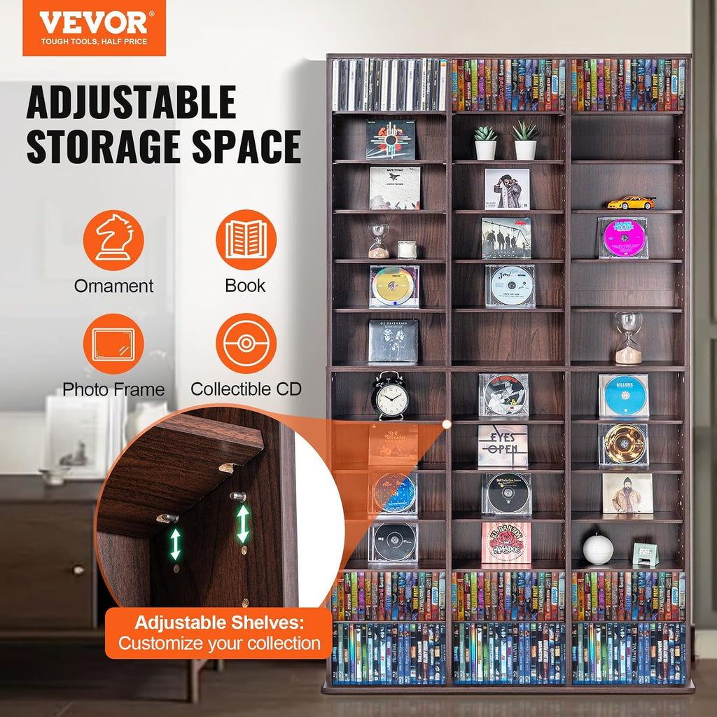 VEVOR Media Storage Cabinet, Adjustable DVD Cabinet, CD Storage, Protects & Organizes Music, Movie, Video Games or Memorabilia Collections-Espresso