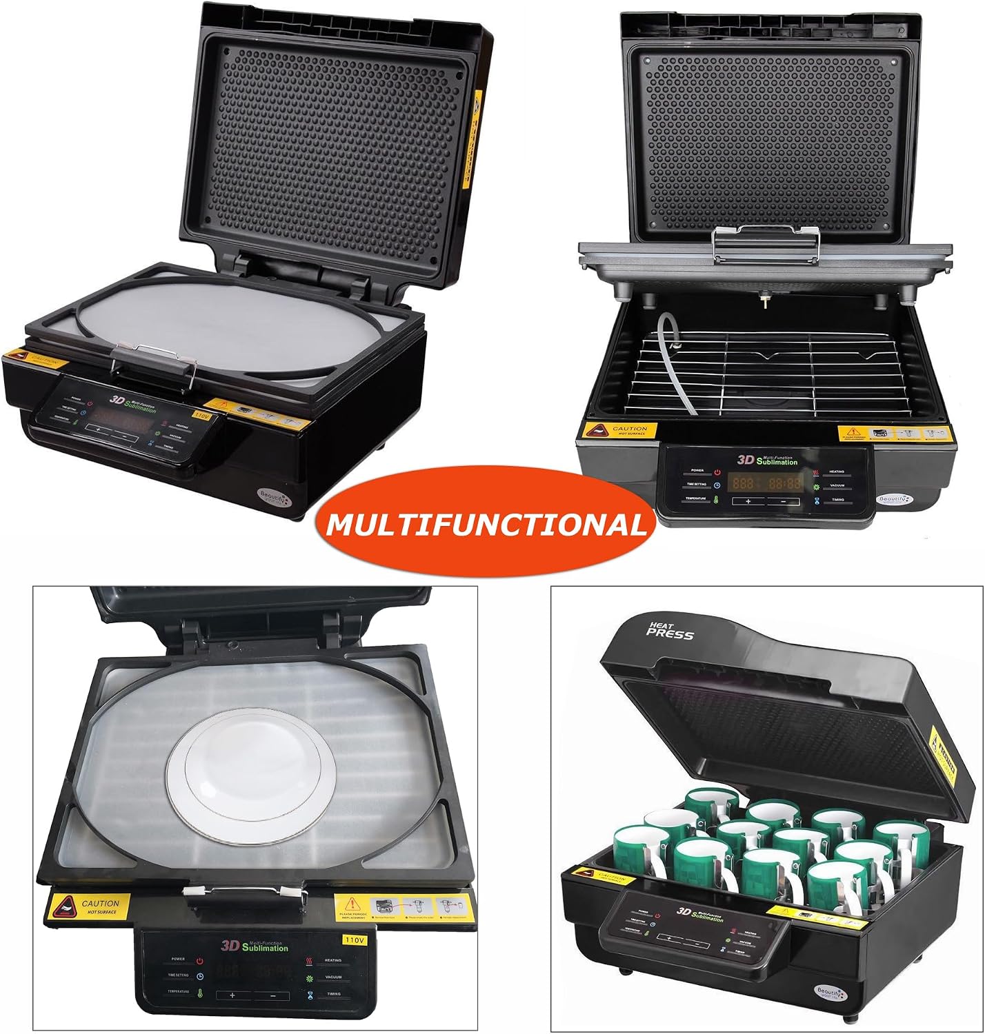INTSUPERMAI 3D Vacuum Sublimation Heat Press Machine Muti-fuction Sublimation Machine Kit with 9 Pieces Rubber Clamp 2 Heat Resistant Tape for Mugs Transfering Printing 2800W