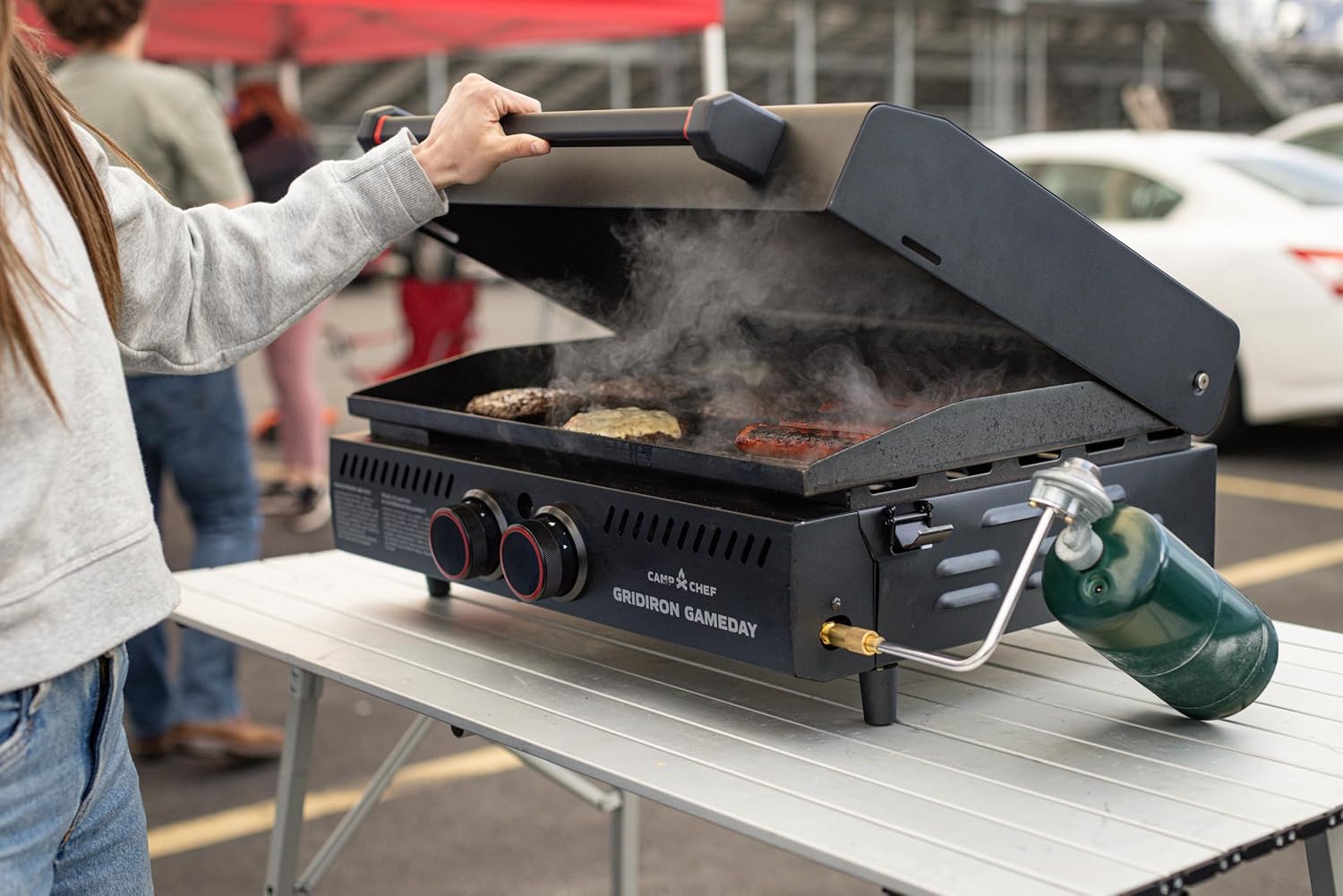 Gridiron Gameday 24' Portable Propane Grill – Flat Top Tabletop Griddle with Hinged Lid, 24,000 BTUs, Flamethrower Ignition, Dual Heat Zones, Adjustable Legs for Tailgating, Camping & Outdoor Cooking