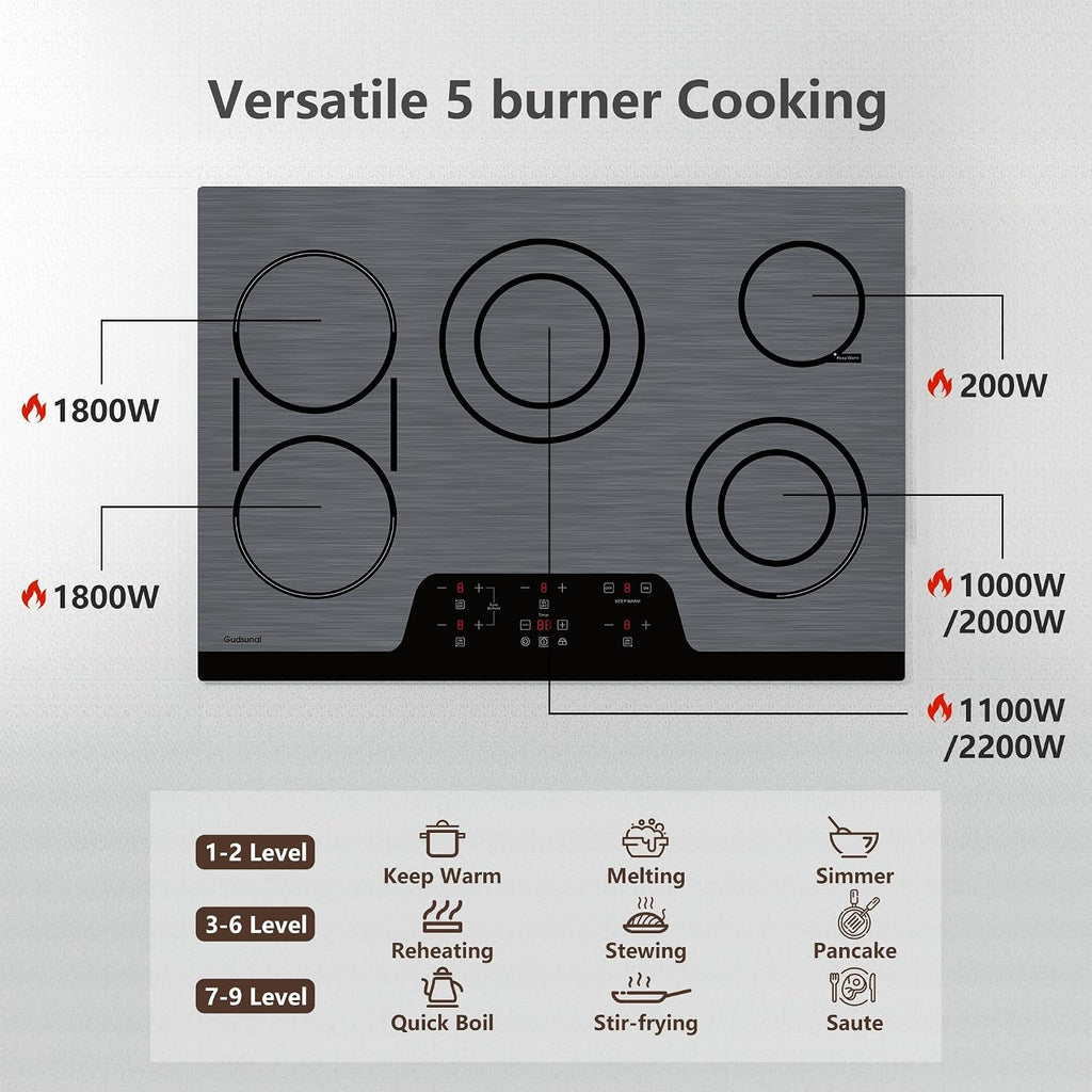 30 Inch Electric Cooktop 5 Burners, ETL & FCC Certificated, Sync Burner, Quick Boil, Keep Warm, 9 Heating Level, Timer, Child Lock & Auto Shutdown, Drop-in Electric Stove Top,Grey