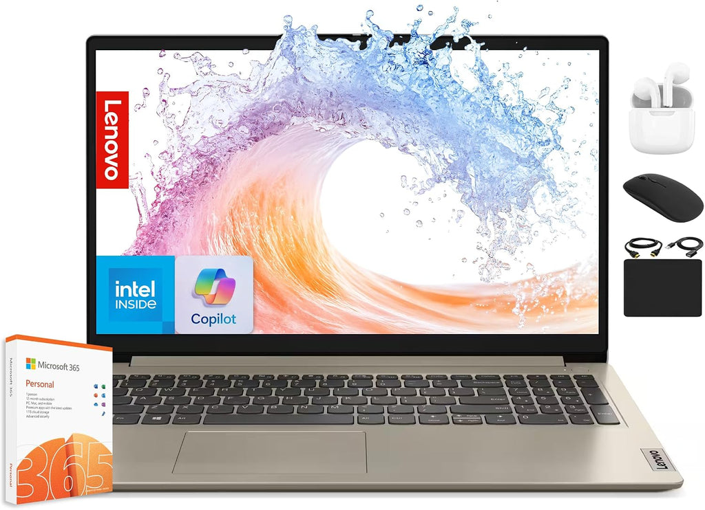 Lenovo IdeaPad Laptop for Business Student 2025, 15.6' Display, 8GB RAM + 884GB Storage (256GB SSD +128GB eMMC +500GB Ext), Dual Intel Core Processor, WiFi 6, HubxcelAccessory, Office 365 1 Yr, Win 11