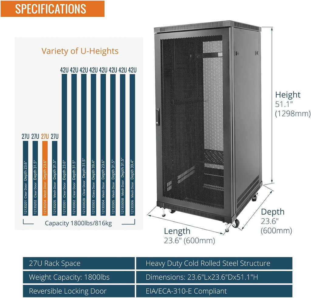 Tecmojo Network Rack Cabinet,27U Server Rack,23.6 Inch Depth,Hold Up to 1800Lbs,Lockable Cabinet with Casters and Complete Accessories,Mesh Door,for Home,Office,Small Business (27U 23.6' w*23.6' d)
