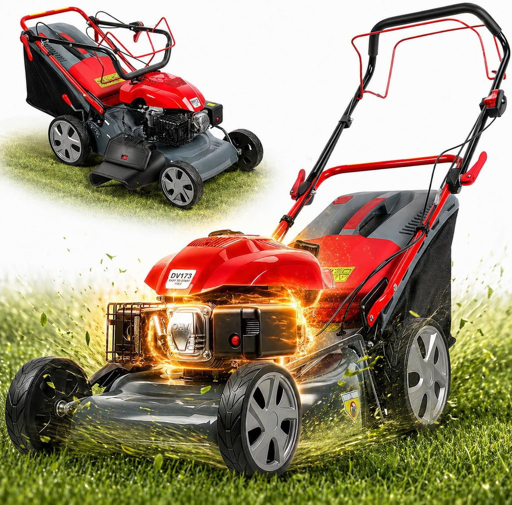 Foldable 20-Inch Gas Lawn Mower | Self-Propelled Push Mower with 173cc Engine & 60L Grass Bag for Medium to Large Yards Focred Air-Cooling System(Red)