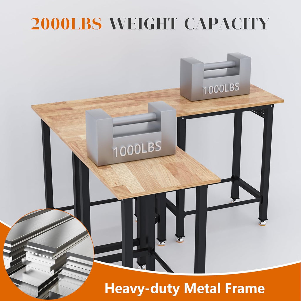 Betterhood 48'/60' Heavy-Duty Adjustable Workbench for Garage, Rubber Wood Shop Table,Hardwood Workstation Weight Capacity Over 1500 Lbs (Rubber Pad/Power Outlets/Ruler/63 x21.7 x35.8)