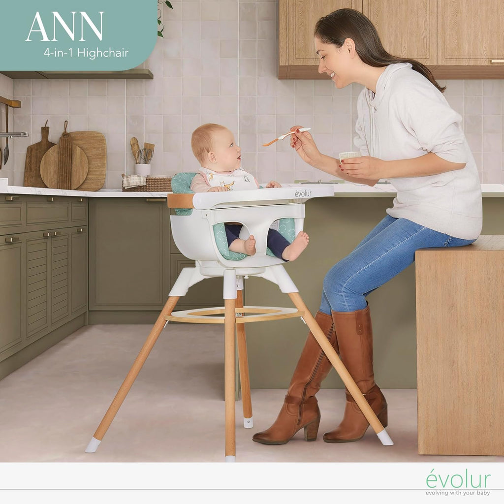 Evolur Ann Beechwood 4-in-1 Highchair | 360 Seat Rotation | Booster seat | Floor Chair | Bar Stool Chair | 5 Point Safety Harness | Blue