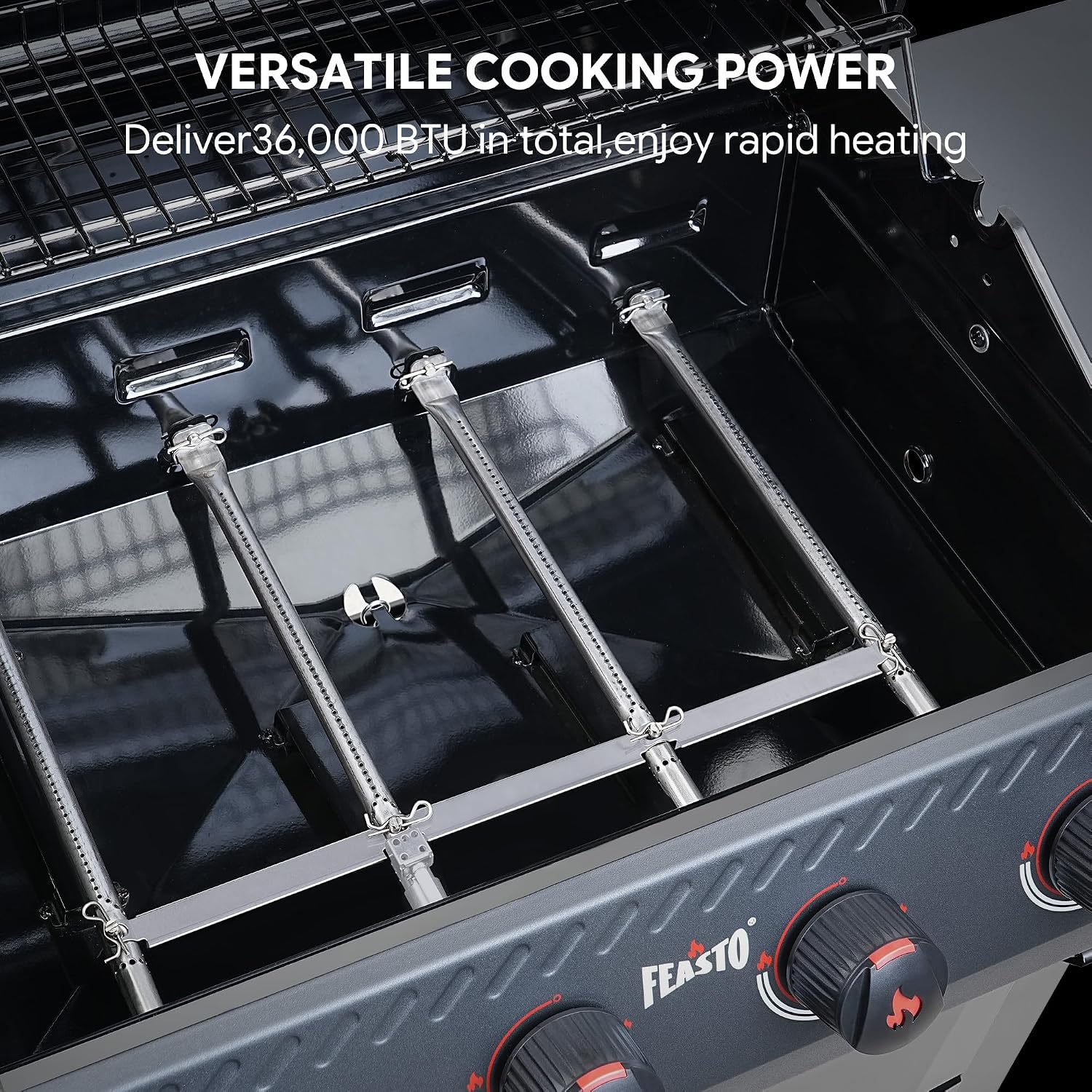 Feasto Propane Gas Grill, 36,000 BTU Outdoor Patio BBQ, Porcelain-Enameled Cookbox & Porcelain-Enameled Cast-Iron Grates, 559 Sq. In., Black (Black, 4) (Black2)