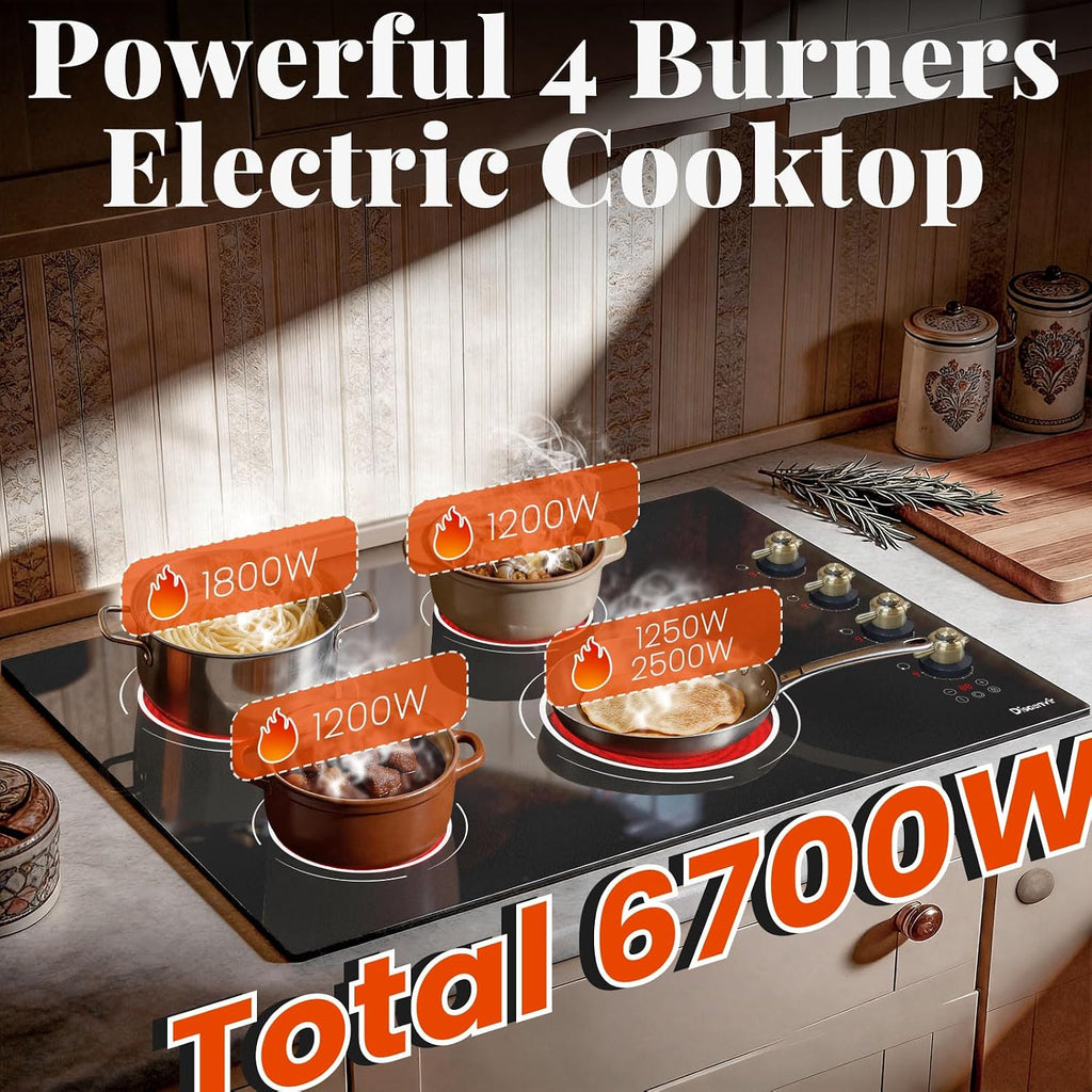 30 Inch Electric Cooktop - 4 Burner Electric Stove 6700W Built-in(29.13'x19.3'), 30' Radiant Ceramic Cook Top Konb & Touch, 99-Min Timer, Safety Lock, 220V - 240V Hard Wired (Retro Knob)