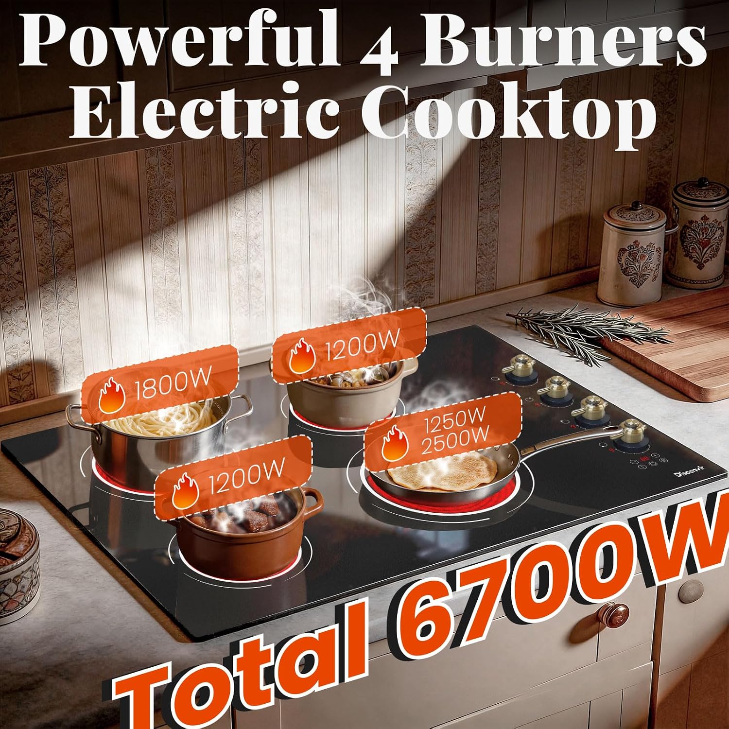 30 Inch Electric Cooktop - 4 Burner Electric Stove 6700W Built-in(29.13'x19.3'), 30' Radiant Ceramic Cook Top Konb & Touch, 99-Min Timer, Safety Lock, 220V - 240V Hard Wired (Retro Knob)