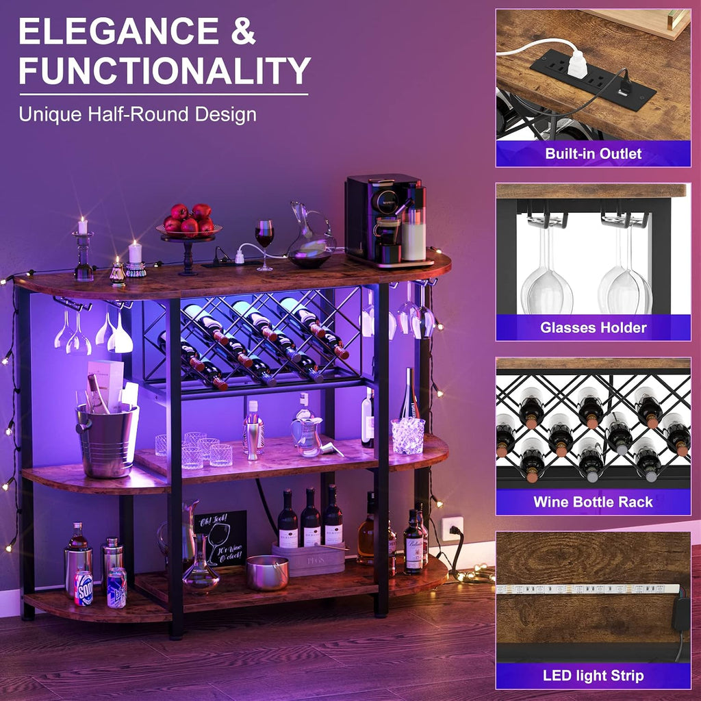 Unikito Wine Rack Table with Socket and LED Light, Floor Bar Cabinet for Liquor and Glasses, Wood Coffee Bar Table with Adjustable Wine Rack, FreeStanding Sideboard and Buffet Cabinet, Rustic