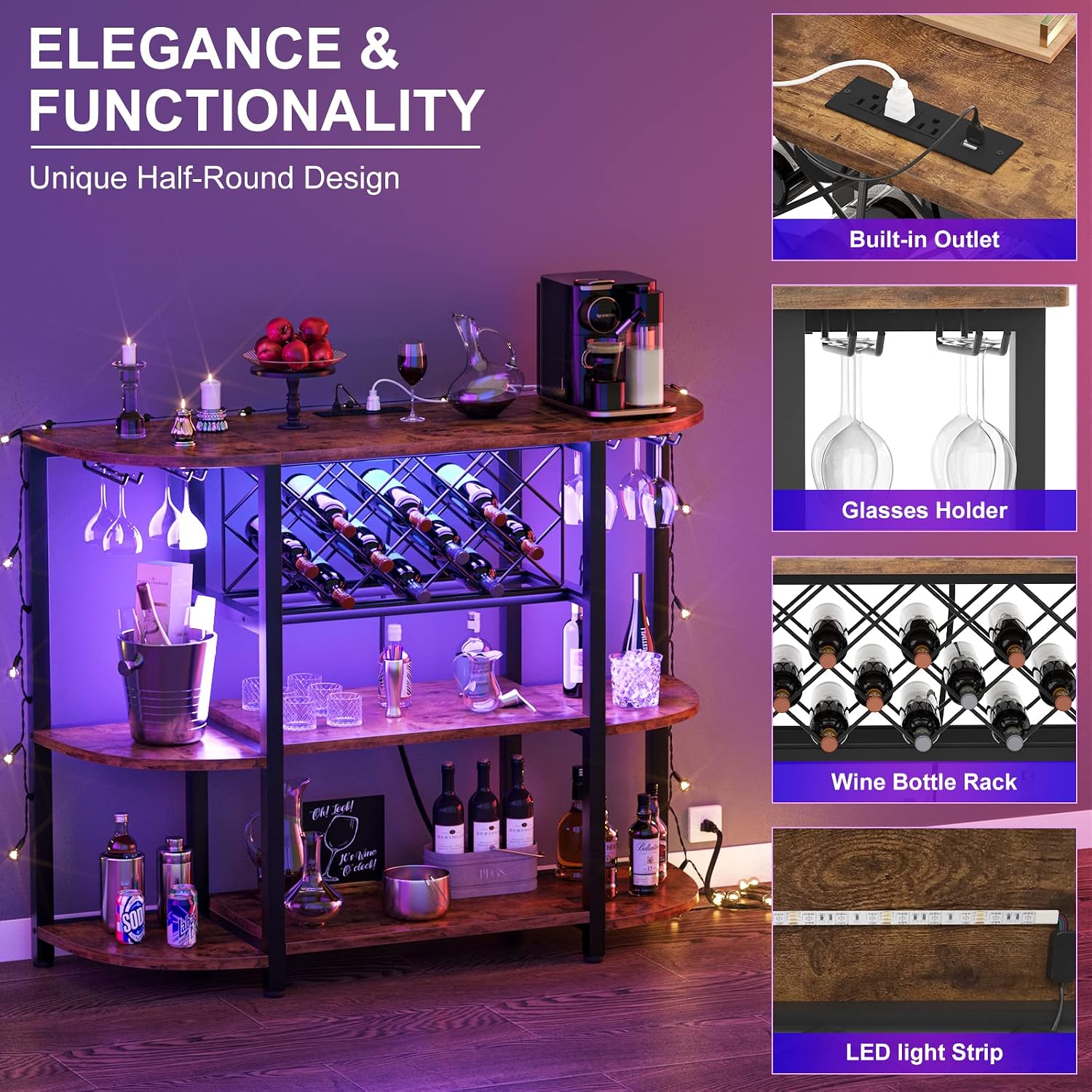 Unikito Wine Rack Table with Socket and LED Light, Floor Bar Cabinet for Liquor and Glasses, Wood Coffee Bar Table with Adjustable Wine Rack, FreeStanding Sideboard and Buffet Cabinet, Rustic