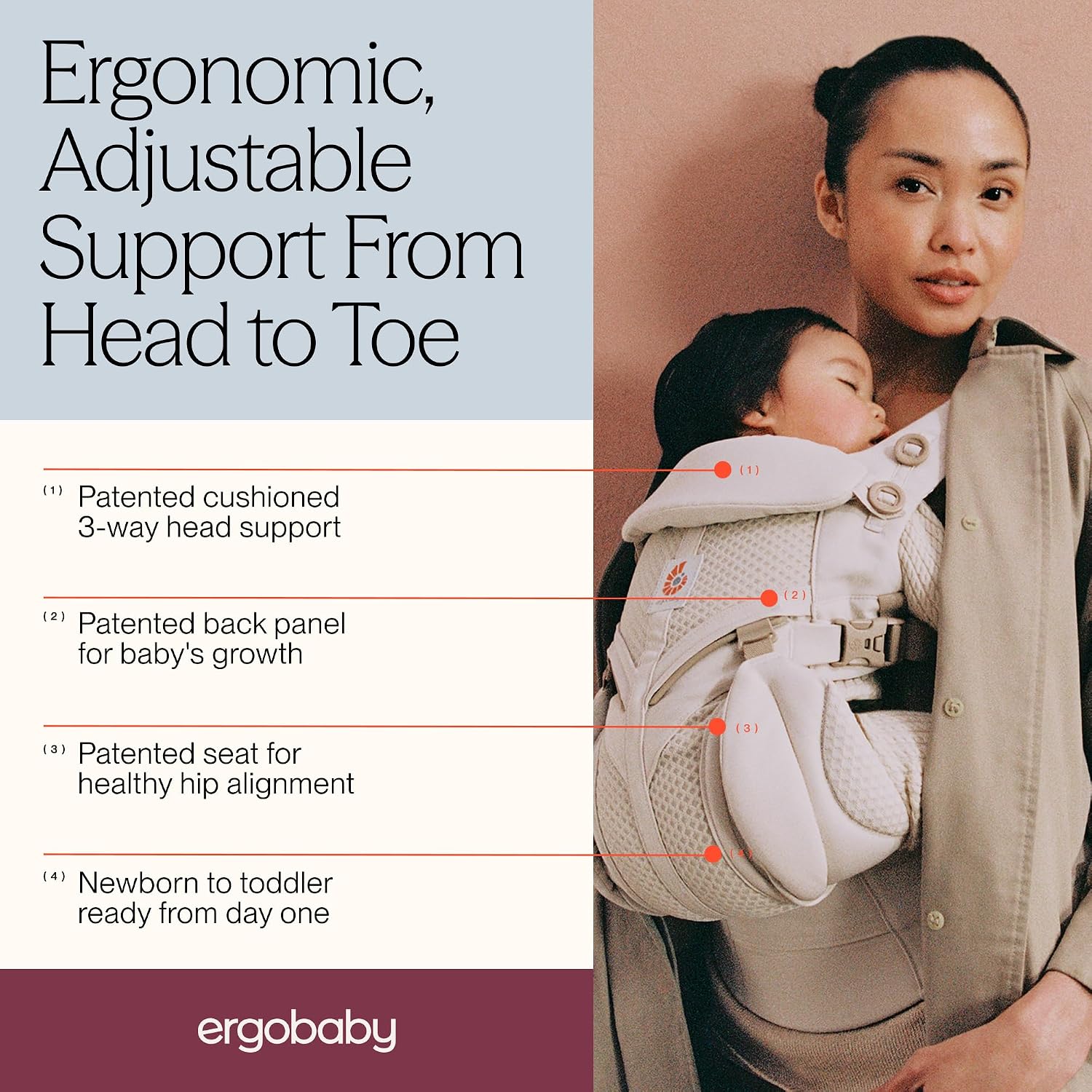 Ergobaby Omni Classic Baby Carrier for Newborn to Toddlers 0-48 Months (7-45 lbs) - 4-Position Breathable Mesh Baby Carrier with Ergonomic Support - Pearl Grey