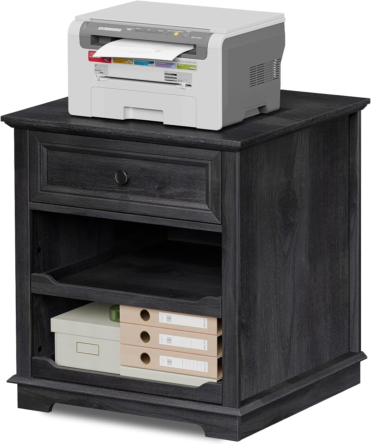 REDAYFUR Lateral File Cabinet 3 Drawer File Cabinet with Charging Station, Printer Stand with Open Adjustable Storage Shelves, Lateral Filing Cabinet for Home Office, Black