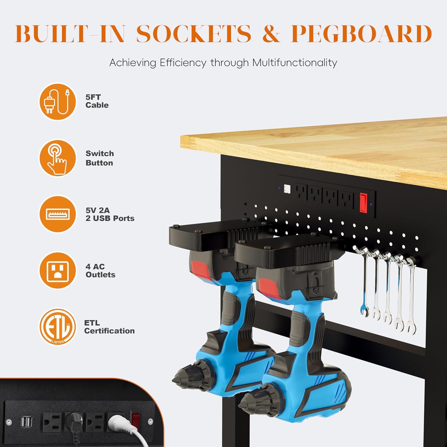 Betterhood 60' Heavy Duty Adjustable Workbench with Large Pegboard & LED Light, Adjustable Work Table with Power Outlets & Lockable Wheels, Rubber Wood Workstation for Garage, Workshop, Office, Home