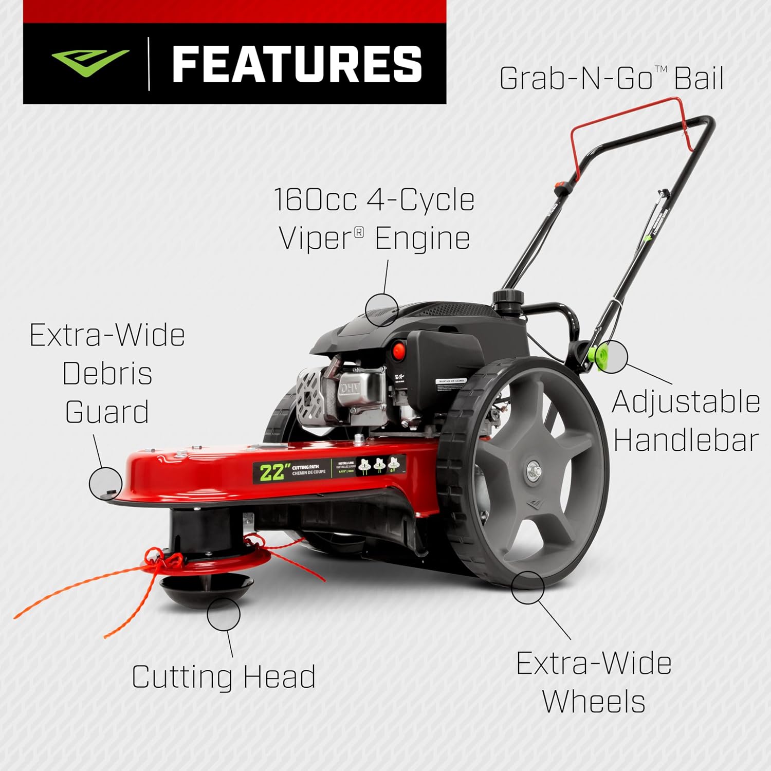 Earthquake Walk Behind String Mower With 160cc Viper 4-Cycle Engine, 22' Cutting Diameter, 14' Never-Go-Flat Wheels, Easy Assembly, Adjustable Handlebar, Model # 40314