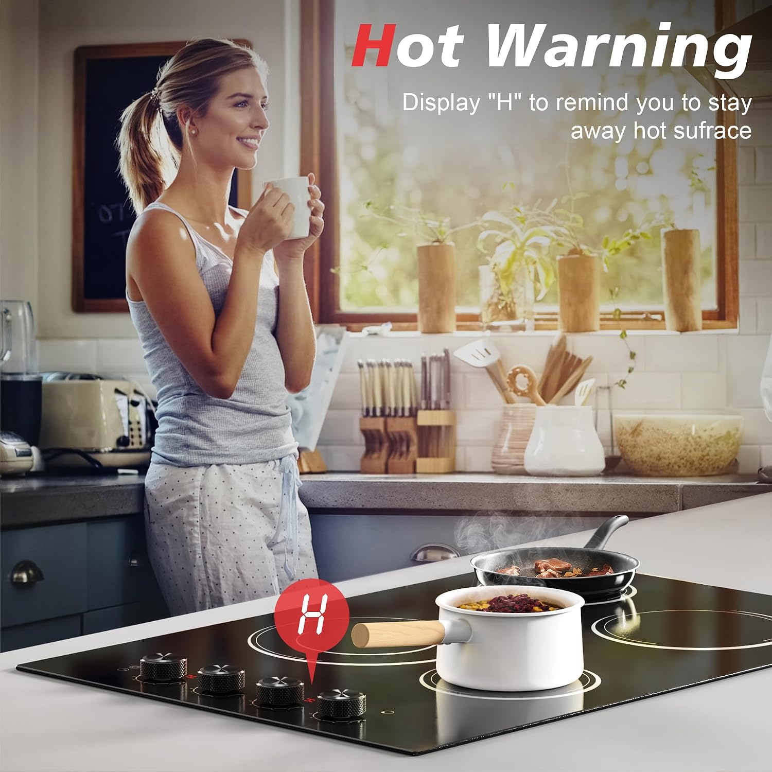 30 Inch Electric Cooktop 4 Burners with Knob Control,6700W Built-in Radiant Electric Cooktop, 9 Power Levels, Hot Warning, 220V Hard Wire(No Plug)