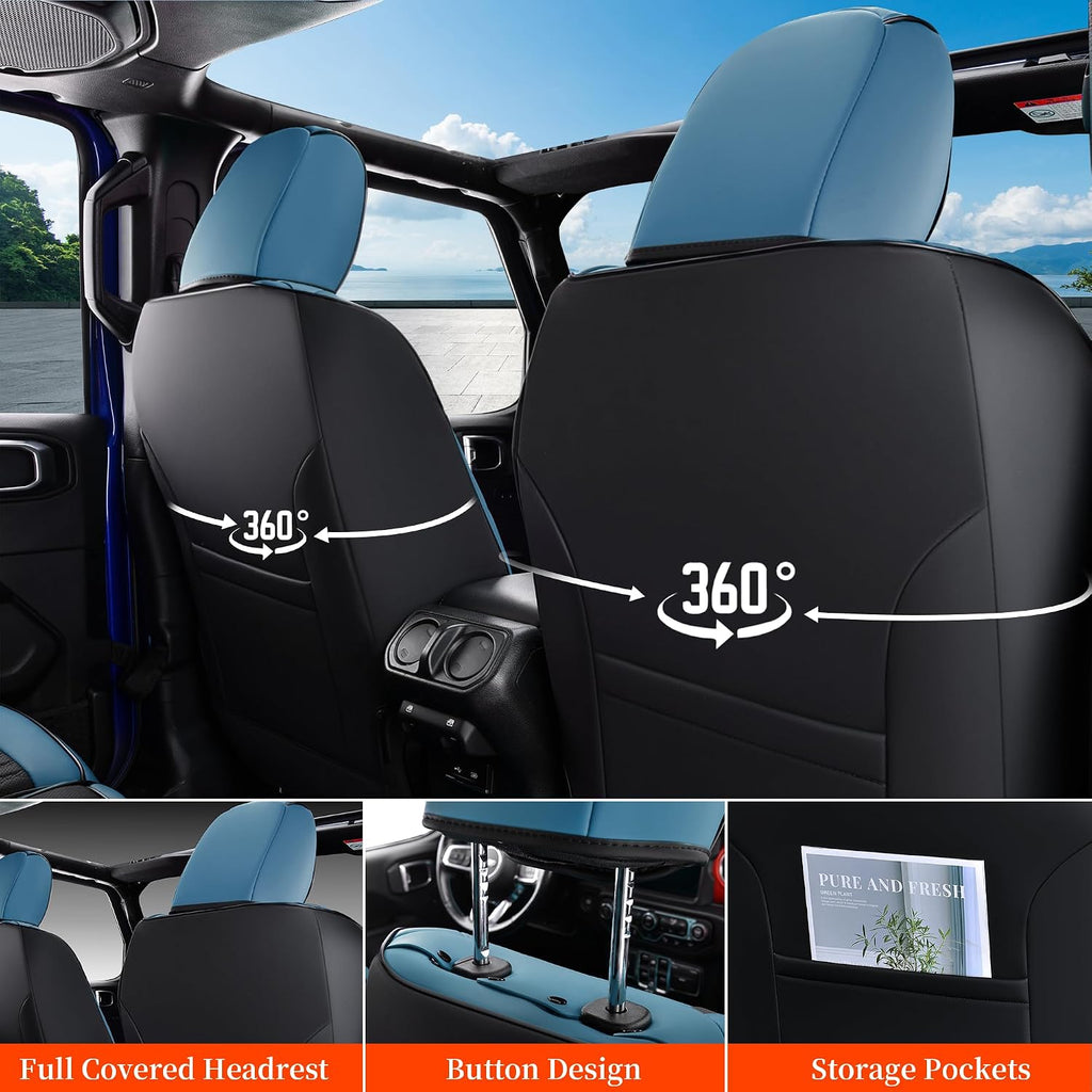 Coverado Seat Covers for Jeep Wrangler, Faux Leather Car Seat Covers Custom Fit for Jeep Wrangler JL 4 Door Sahara Sport Rubicon X Unlimited Willys Trims 2018-2026(Blue)