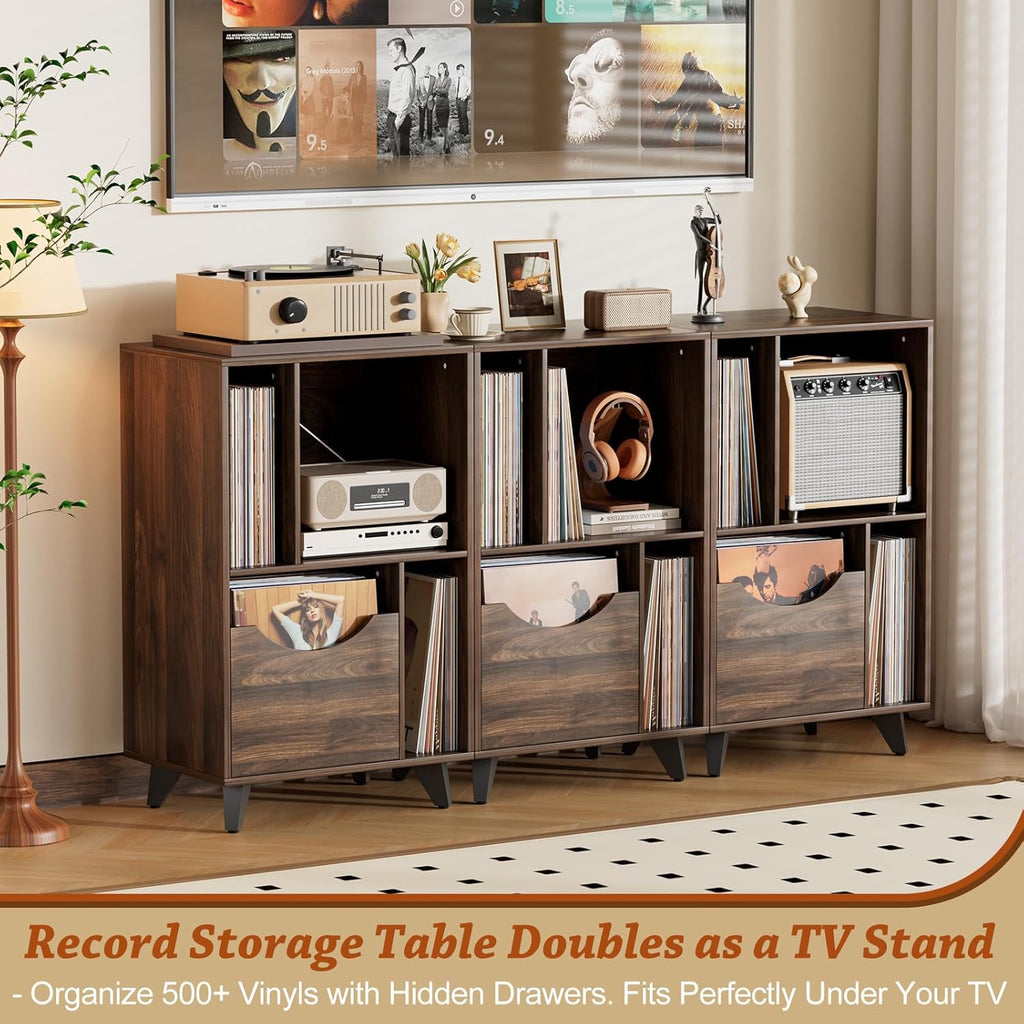 Bikoney Mid-century Modern Record Player Stand with Vinyl Storage Drawer – Wooden Turntable Side Table for All Record Players and Speakers, Large LP Storage Cabinet for Living Room, Bedroom, or Office