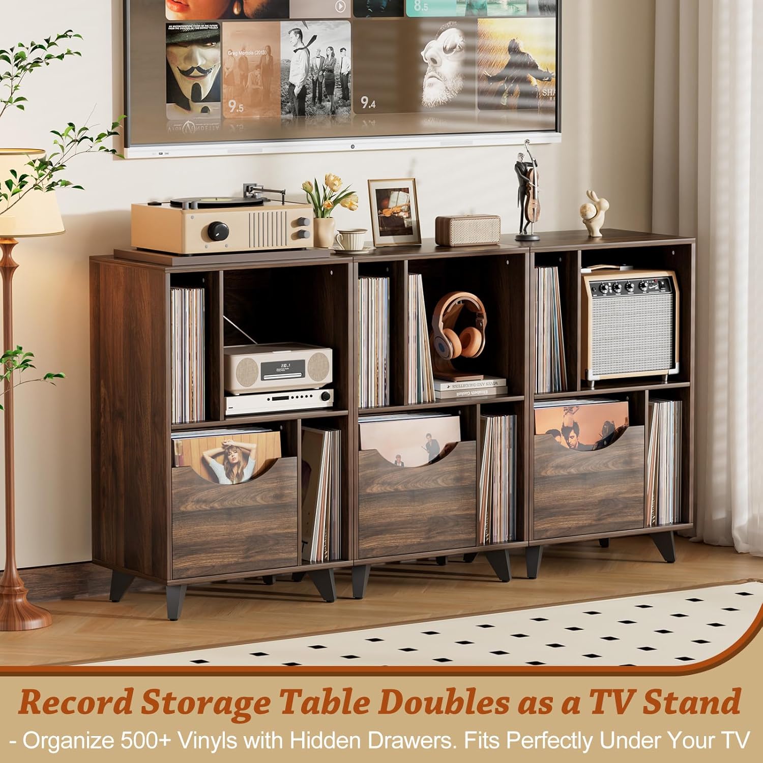 Bikoney Mid-century Modern Record Player Stand with Vinyl Storage Drawer – Wooden Turntable Side Table for All Record Players and Speakers, Large LP Storage Cabinet for Living Room, Bedroom, or Office