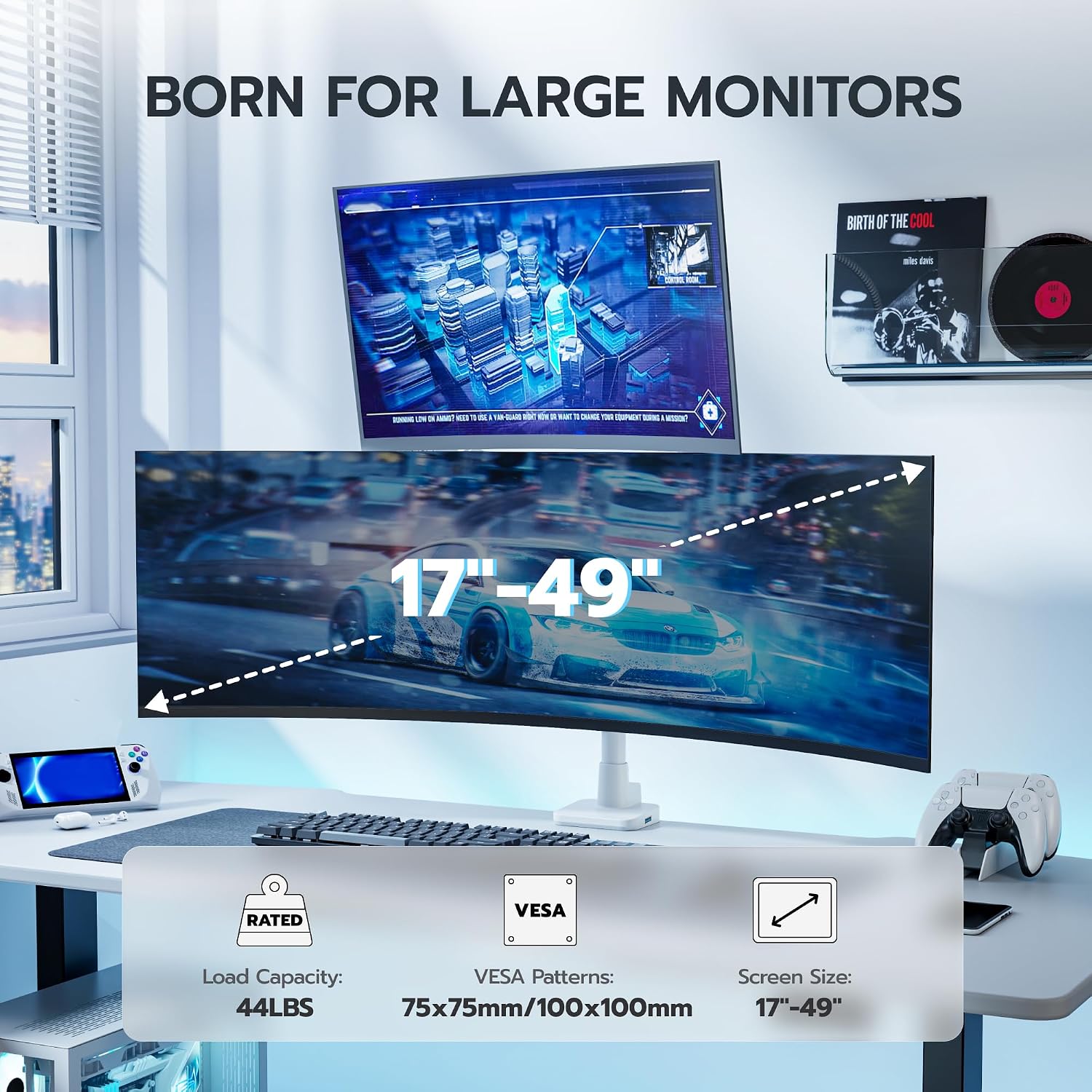 ARES WING Dual Monitor Mount for 17-49 Inch Ultrawide Heavy Duty Curved Screen Stacking, Computer Monitor Arm Desk Mount with USB, Gas Spring Adjustable Vesa Stand, White
