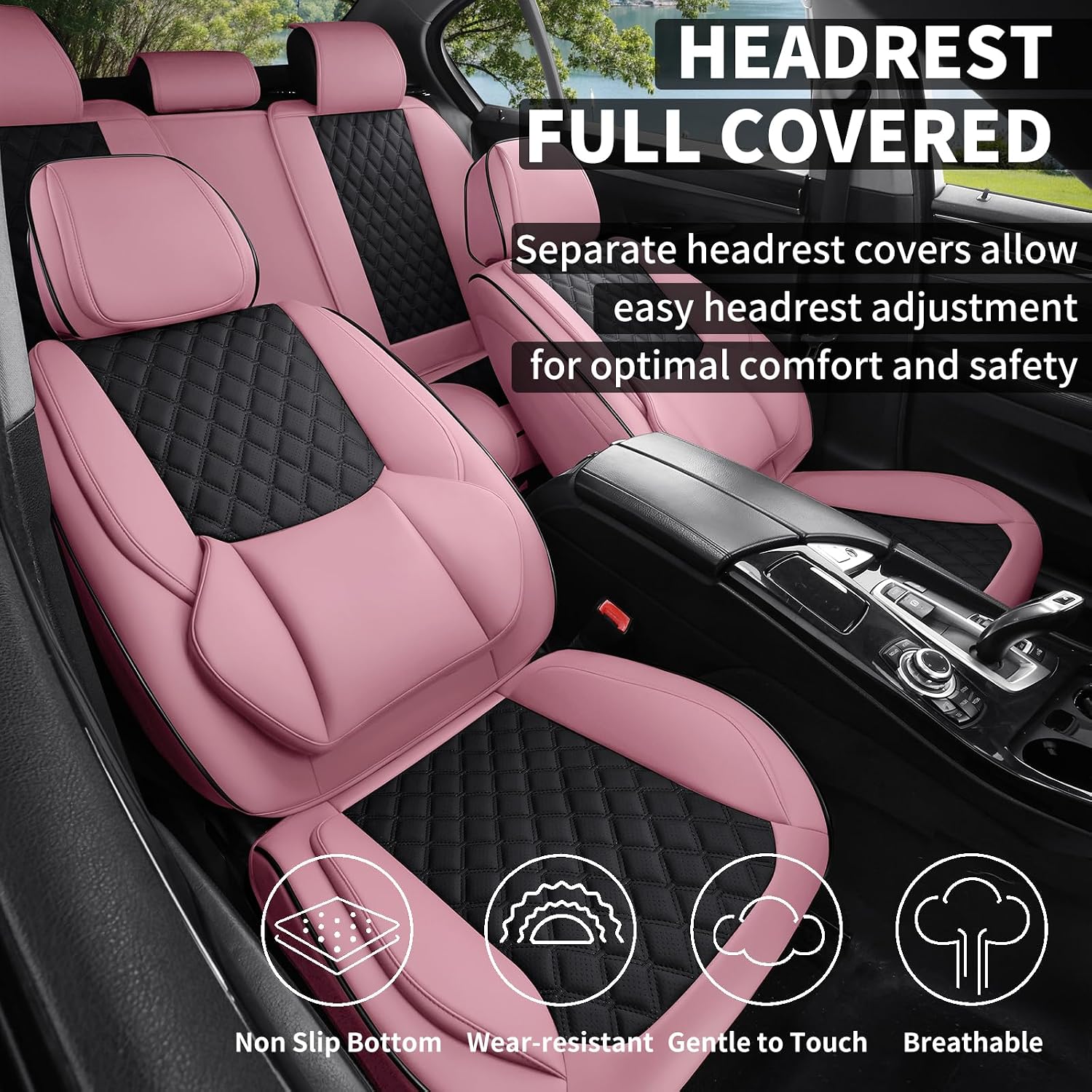 Car Seat Covers, Luxury Faux Leather Waterproof Non-Slip Seat Protector Universal Fit for Most Cars SUVs Trucks Pick-ups,Car Interior Accessories (Pink Black, Full Set)