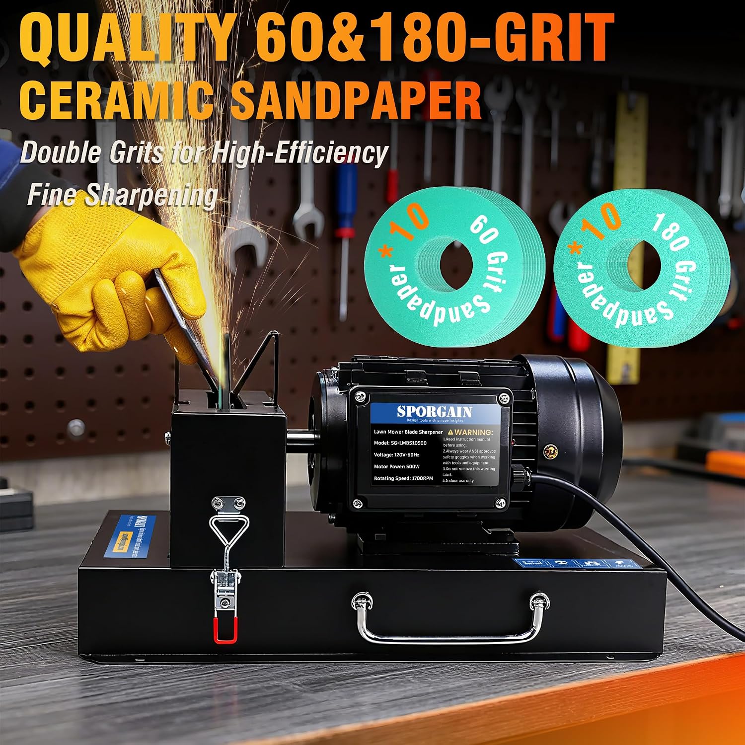 SporGain Lawn Mower Blade Sharpener 2/3 HP, Lawnmower Blade Sharpener with 20 Sandpapers 60/180 Grit, Heavy-Duty Mower Sharpening Machine for High/Low Lift, Gator & Flat Blades