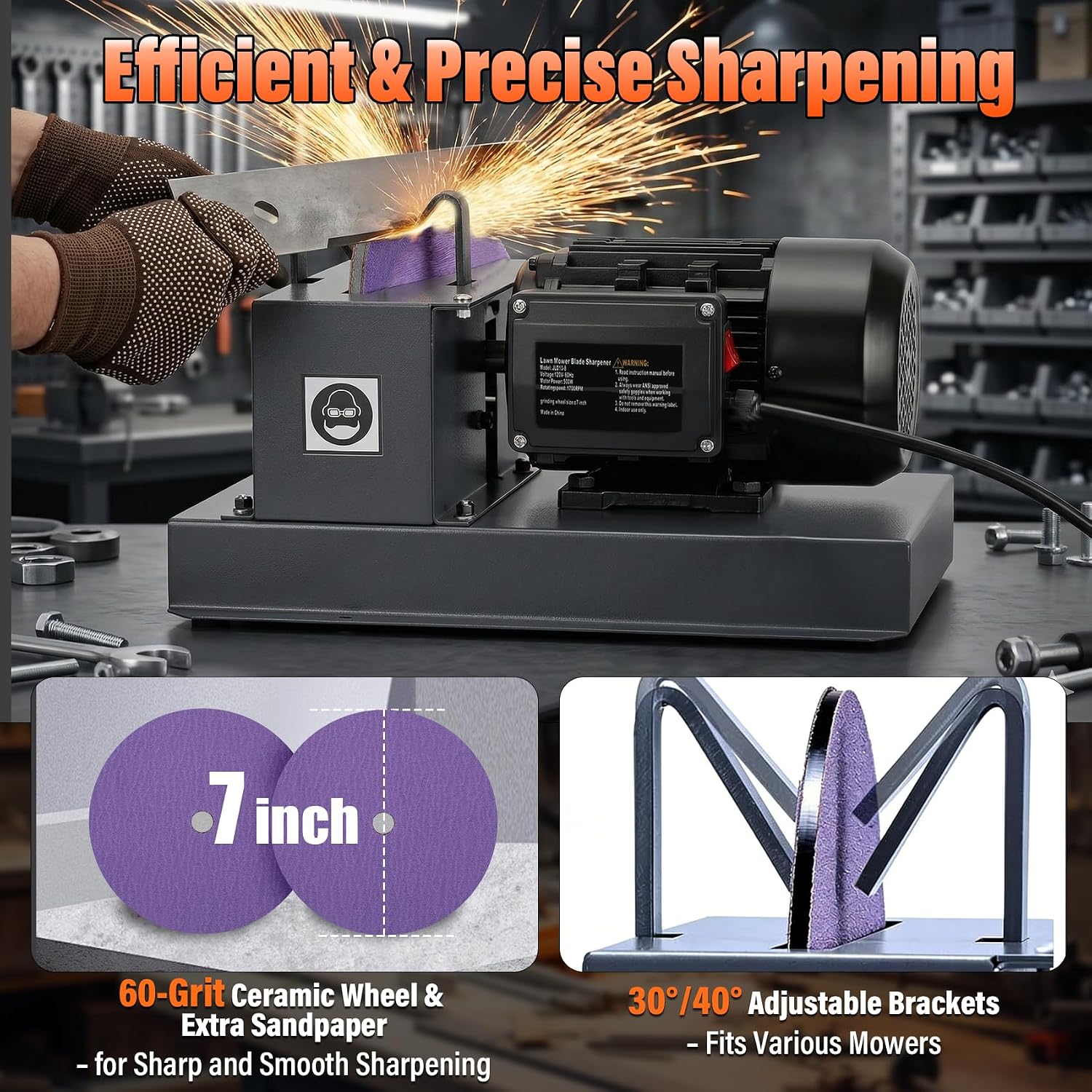 Lawn Mower Blade Sharpener – 2/3HP 500W Lawnmower Bench Grinder with 7-Inch Ceramic Grinding Wheel, Extra 60-Grit Ceramic Sandpapers, and 30°/40° Brackets for High/Low Lift, Gator & Flat Blades
