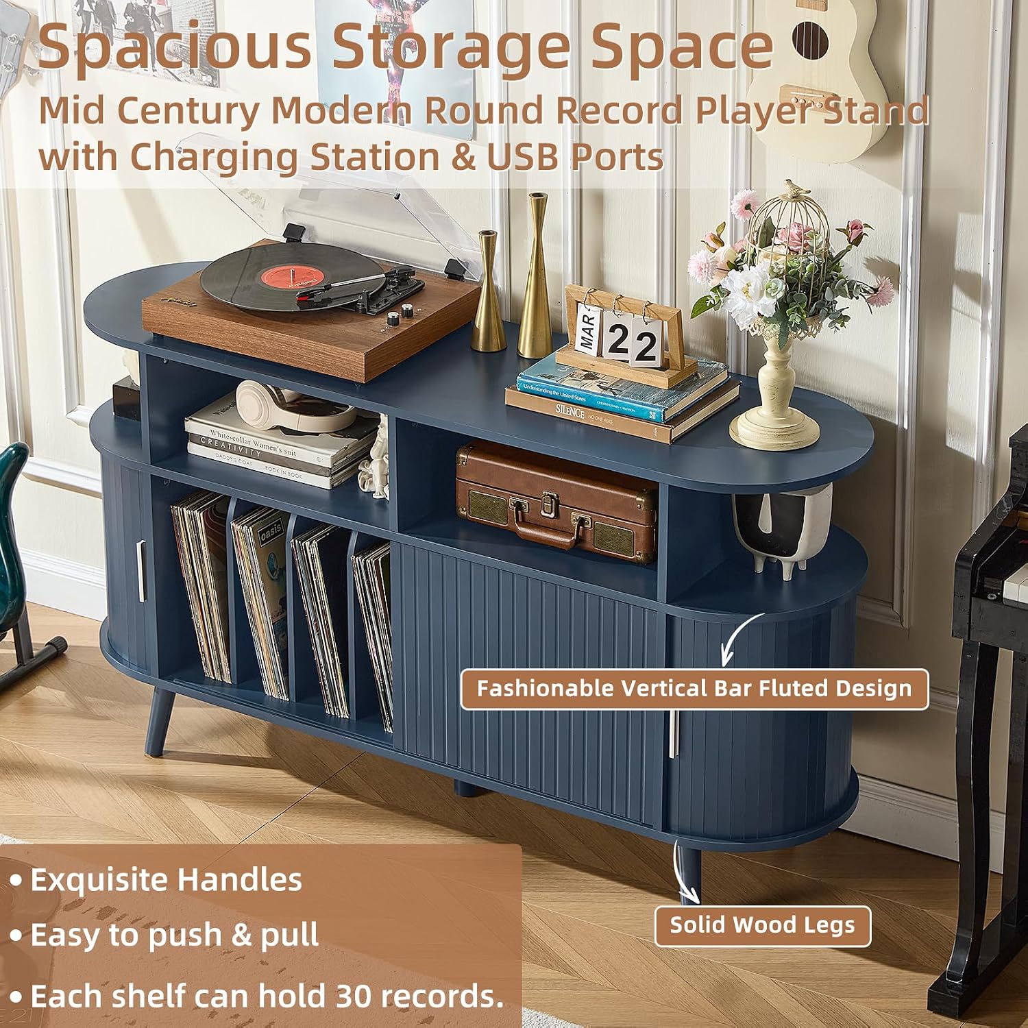 LELELINKY Large Round Record Player Stand with Charging Station & Fluted Panel, Blue Mid Century Modern Turntable Cabinet with Vinyl Storage, Arched Wood Record Player Table for Living Room