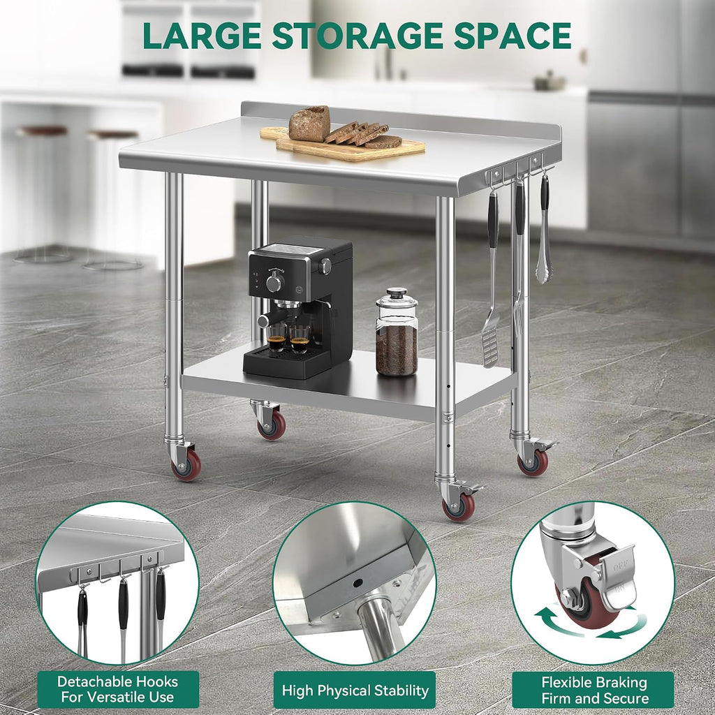 YITAHOME 36' x 24' Stainless Steel Table with Wheels for Prep & Work with Backsplash, NSF Metal Table Prep Table with Undershelf for Home Kitchen Restaurant Garage Warehouse