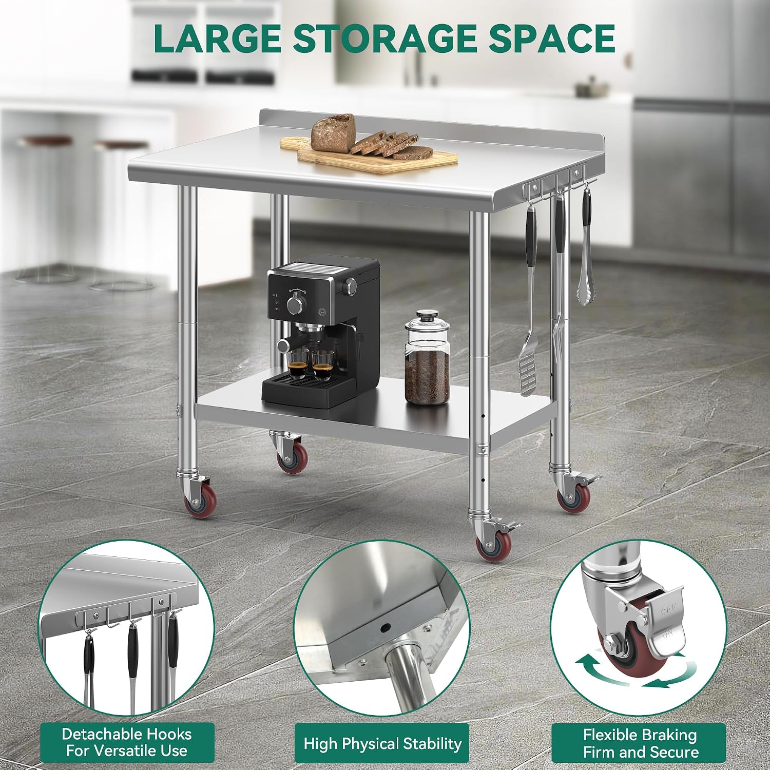 YITAHOME 36' x 24' Stainless Steel Table with Wheels for Prep & Work with Backsplash, NSF Metal Table Prep Table with Undershelf for Home Kitchen Restaurant Garage Warehouse