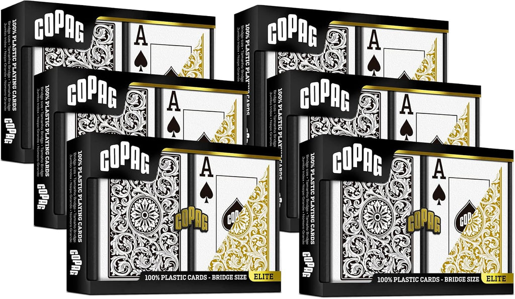 Copag 1546 Design 100% Plastic Playing Cards, Bridge Size (Narrow) Black/Gold (Jumbo Index, 6 Sets)
