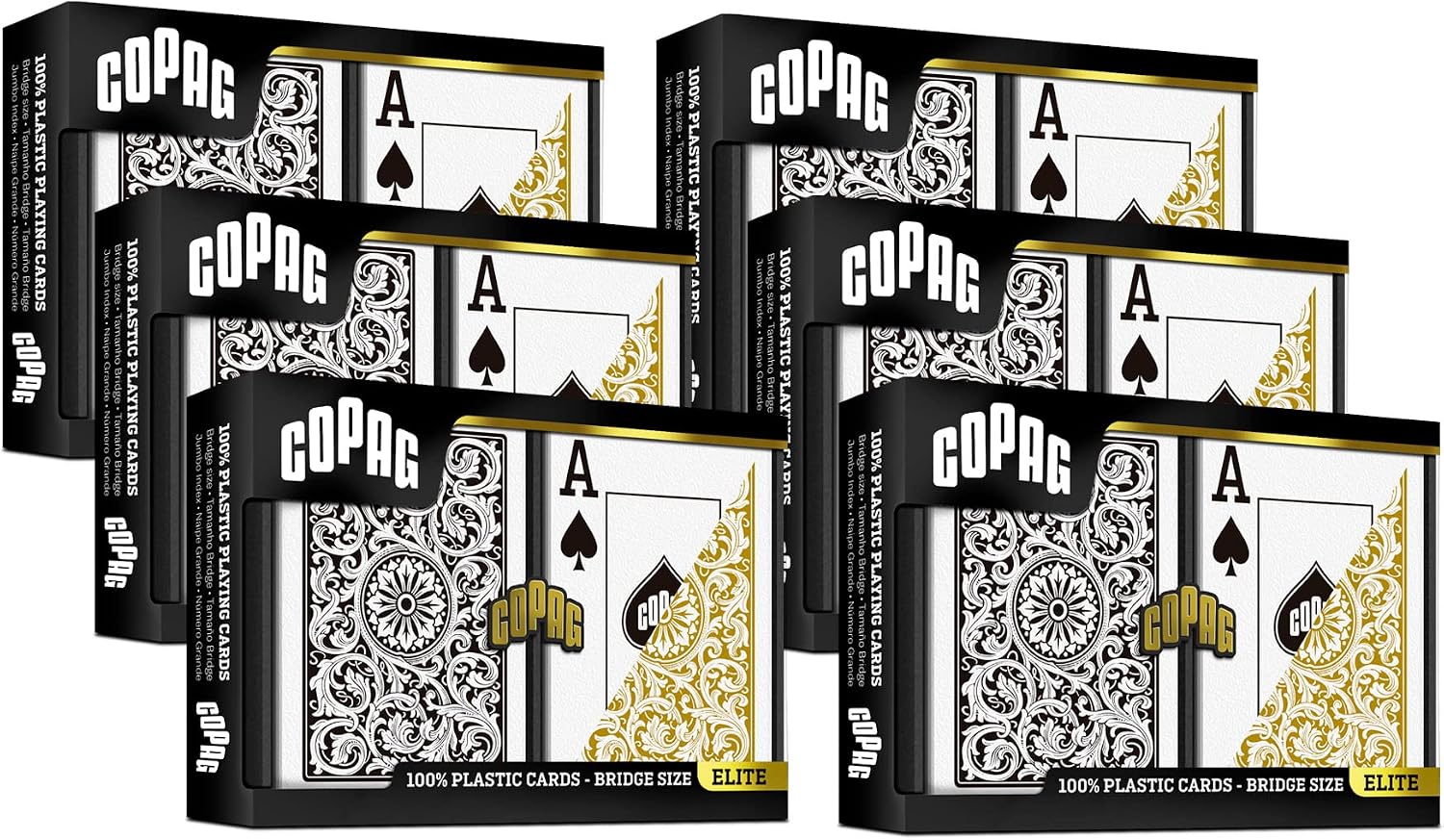Copag 1546 Design 100% Plastic Playing Cards, Bridge Size (Narrow) Black/Gold (Jumbo Index, 6 Sets)