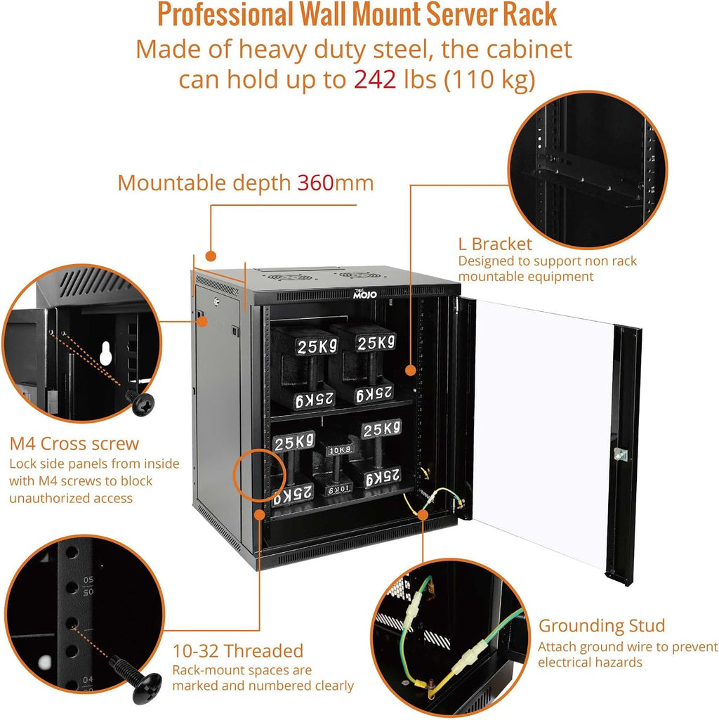 Tecmojo 15U Wall Mount Rack,15U Rack 23.6 Inch Depth,Hold Up to 176 Lbs,Enclosed Wall Mount Rack Kit for 19 Inch Network,Server and AV Gear,Glass Door(Elite Collection)