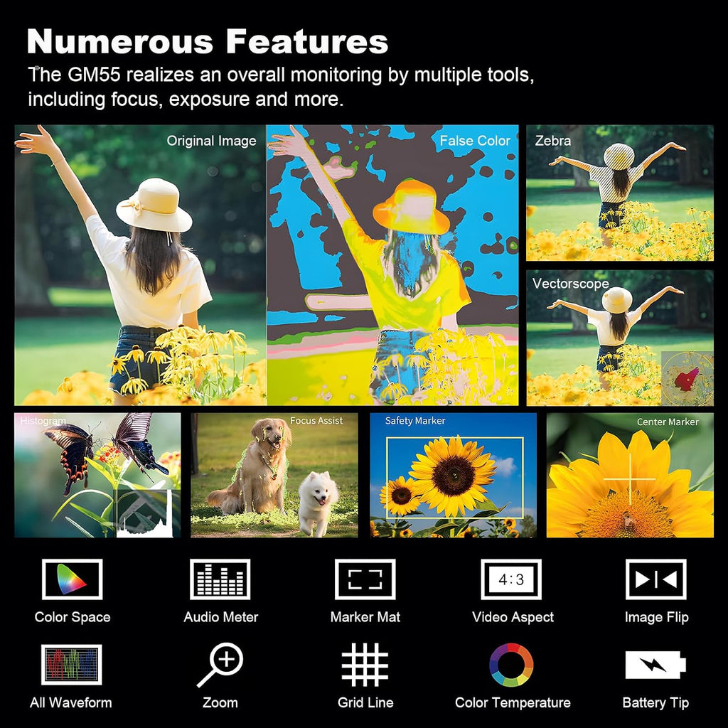 GODOX GM55 Touch Screen DSLR Camera Field Monitor 5.5 Inch 4K 410nit 4K HDMI in and Out Exposure Focus 3D LUT 160°Wide View Angle DC/Battery 8V/1.5A Powered 1920x1080 External Monitor