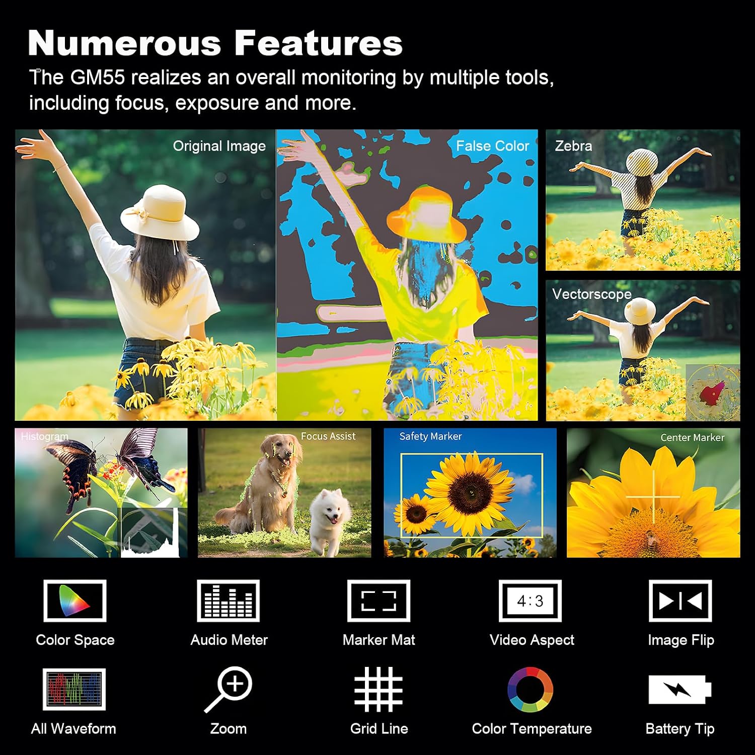 GODOX GM55 Touch Screen DSLR Camera Field Monitor 5.5 Inch 4K 410nit 4K HDMI in and Out Exposure Focus 3D LUT 160°Wide View Angle DC/Battery 8V/1.5A Powered 1920x1080 External Monitor