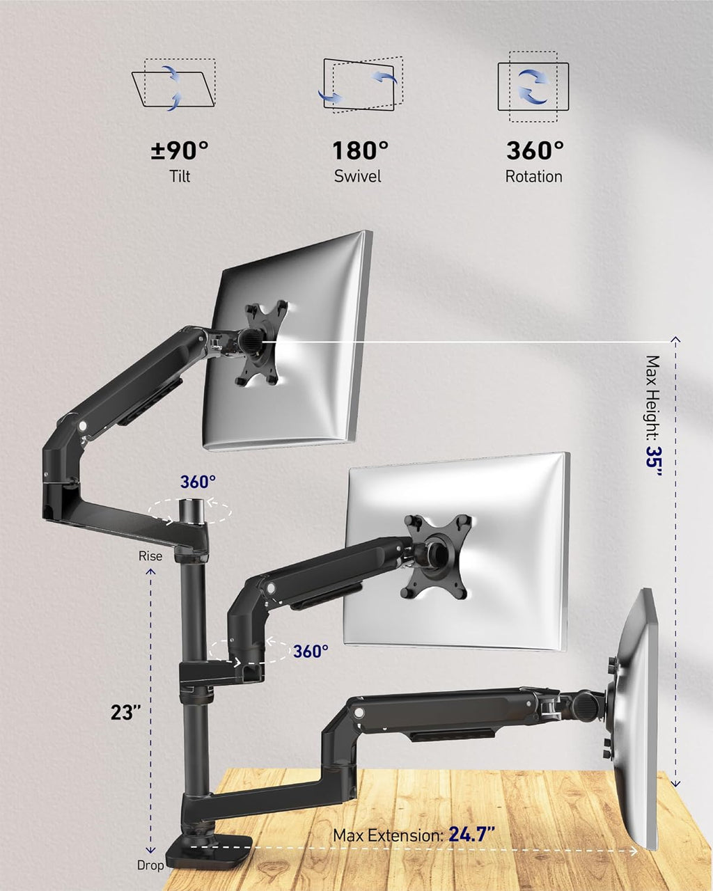Ergounion Heavy Duty Triple Monitor Mount, Mechanical Spring 3 Monitor Arm Fits Three 13-40 Inch Screens (25 lbs/Arm), Fully Articulating VESA Desk Stand (C-Clamp/Grommet), Premium Aluminum, Black