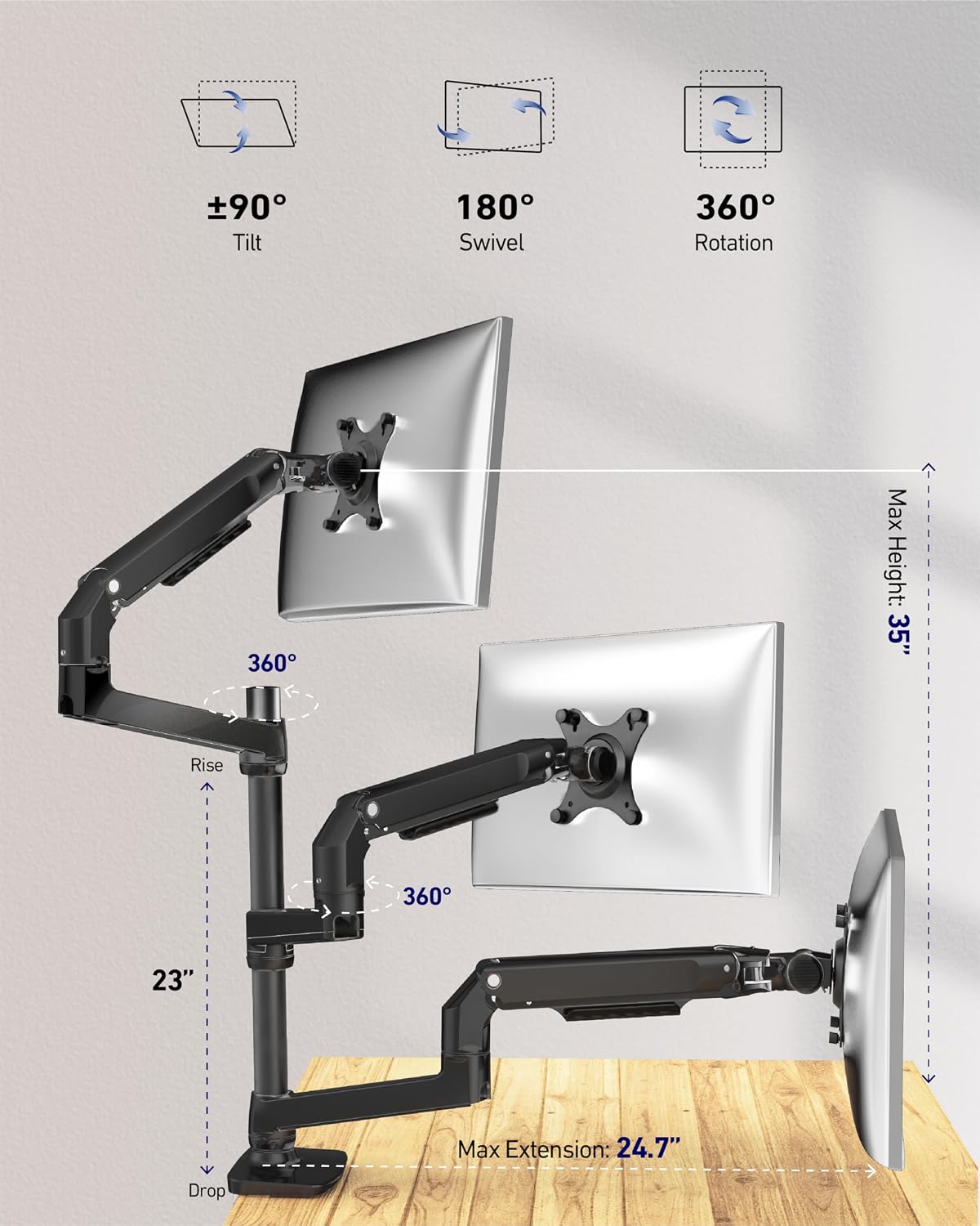 Ergounion Heavy Duty Triple Monitor Mount, Mechanical Spring 3 Monitor Arm Fits Three 13-40 Inch Screens (25 lbs/Arm), Fully Articulating VESA Desk Stand (C-Clamp/Grommet), Premium Aluminum, Black