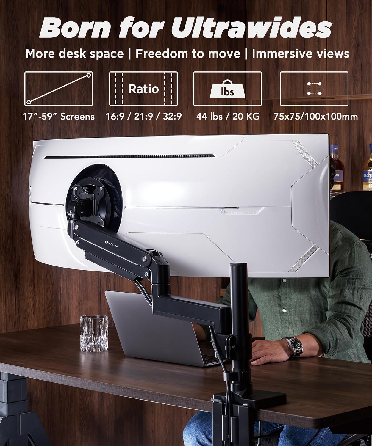 ULTRARM Heavy Duty Monitor Arm for Ultrawide Monitors up to 57' and 44 lbs, Single Desk Stand, Pneumatic Height Adjustable, Modular Extension Arms - Max VESA 100x100, Black, MA20P-S
