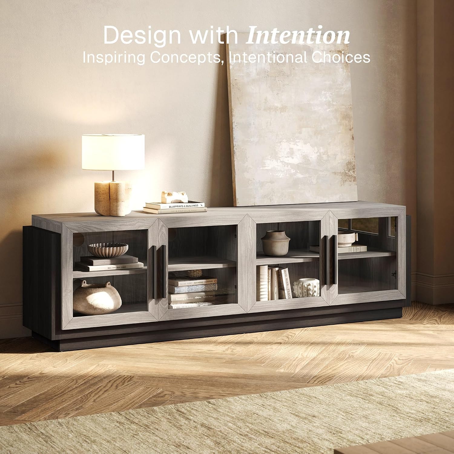 BELLEZE 70' TV Stand for TVs up to 75', Modern TV Cabinet & Entertainment Center with Shelves, Wood Storage Cabinet for Living Room or Bedroom - Brixston (Grey)