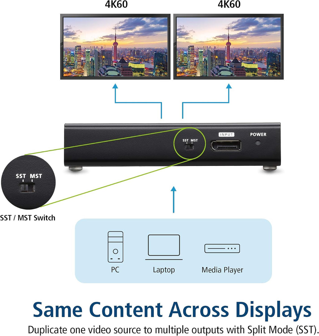 ATEN VS192 2-Port True 4K DisplayPort Splitter SST Split or MST Extended Display - Connect 1 DP Source to 2 Display Port Computer Monitor - TAA Compliant - Metal
