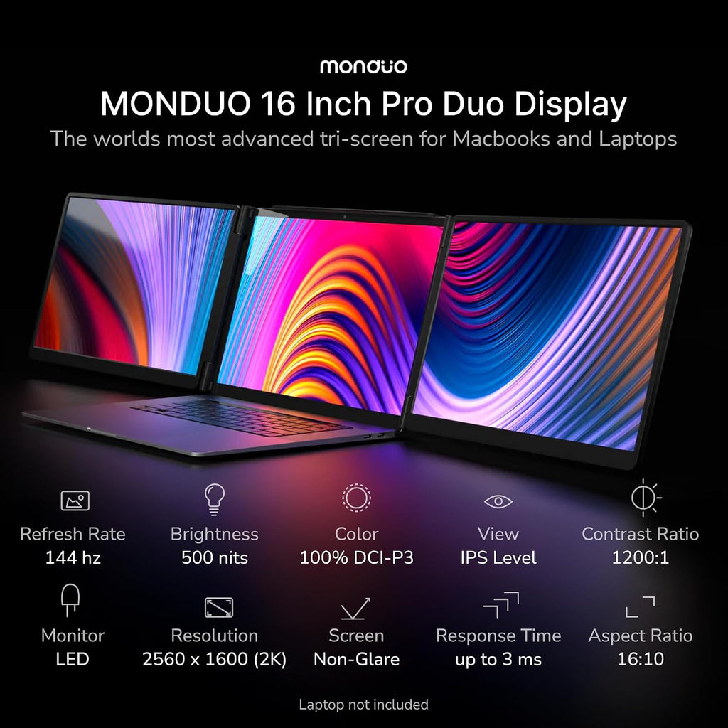 16' Pro Triple Laptop Screen Extender, Dual 16' 2k Portable Monitors, 144Hz, 100% DCI-P3, Compatible with 16' MacBook Pro M1, M2, M3, M4 & Windows Laptops, for Gaming, Creators, & Professional