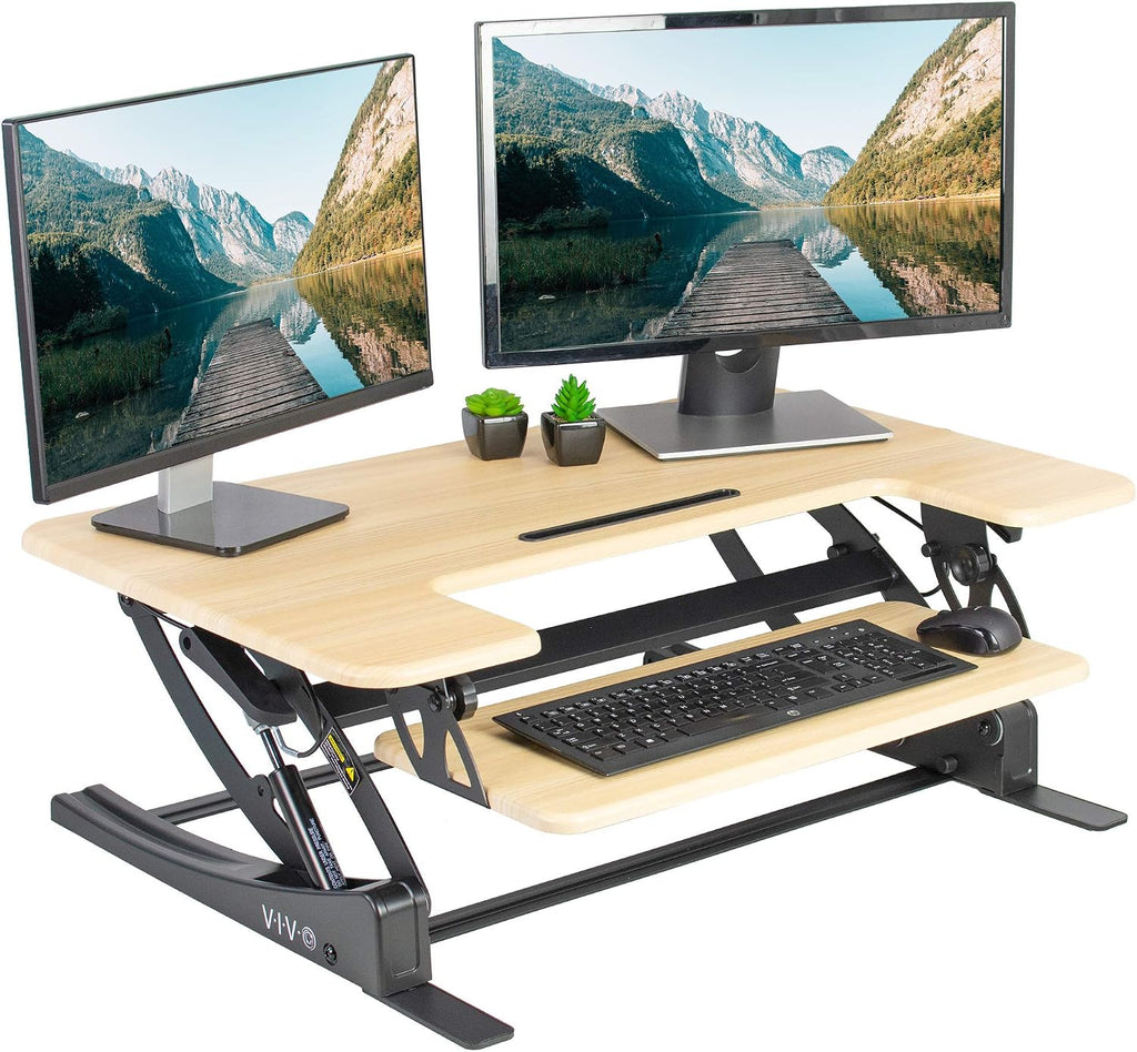 VIVO 36 inch Height Adjustable Stand Up Desk Converter, V Series, Quick Sit to Stand Tabletop Dual Monitor Riser Workstation, Light Wood Top, Black Frame, DESK-V000VO