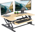 VIVO 36 inch Height Adjustable Stand Up Desk Converter, V Series, Quick Sit to Stand Tabletop Dual Monitor Riser Workstation, Light Wood Top, Black Frame, DESK-V000VO